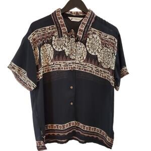 Aloha Womens Blouse Large Abstract Tapa & Flowers on Black Button Down